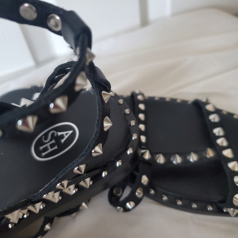 ASH Silver Stud Black Leather Sandals - Picture 5 of 16
